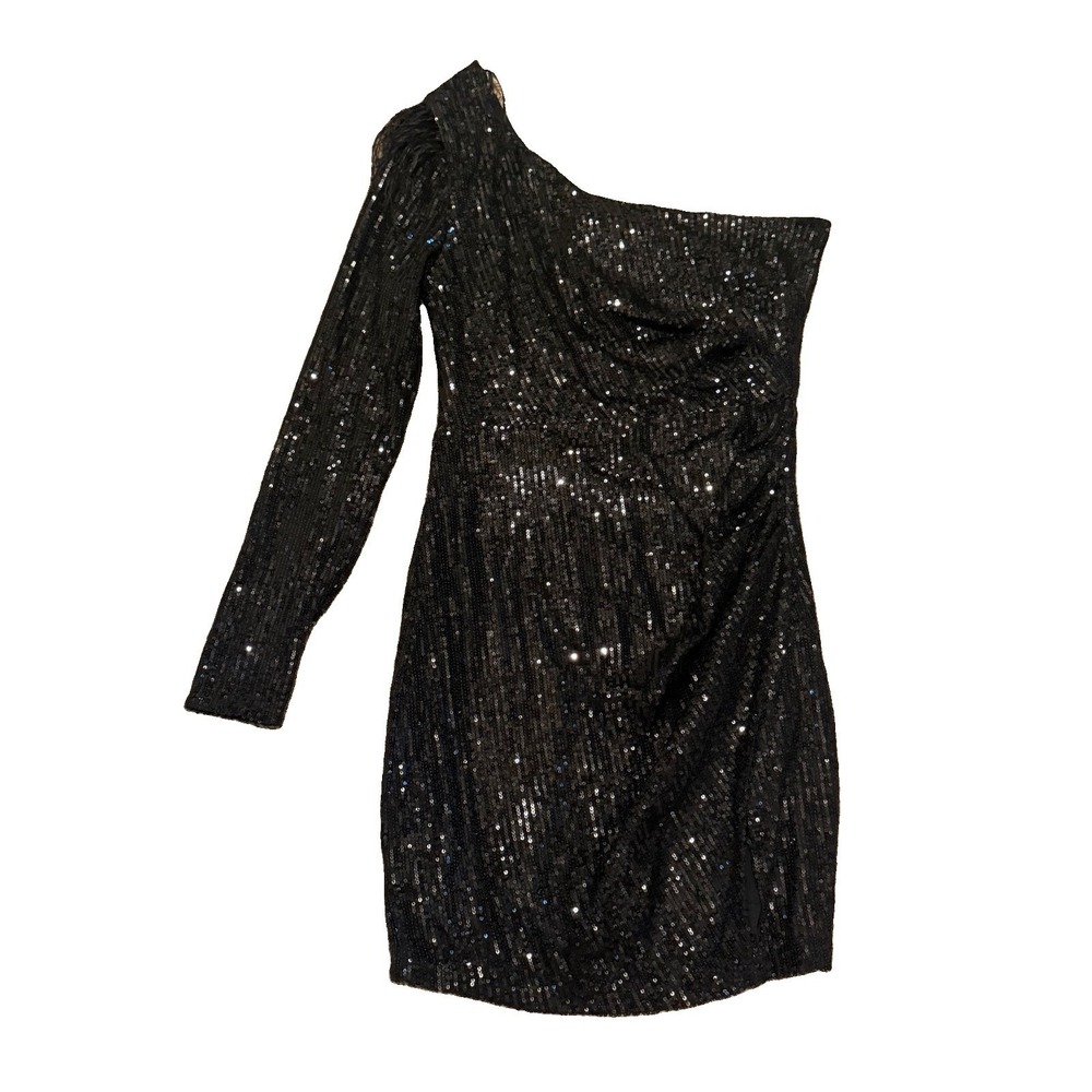 Windsor Black Sequin One Shoulder Long Sleeve Ruched Feather Trim Mini Dress XL